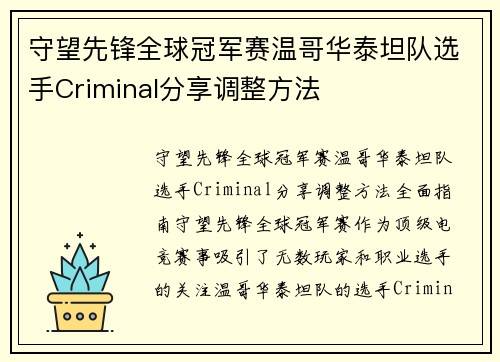 守望先锋全球冠军赛温哥华泰坦队选手Criminal分享调整方法